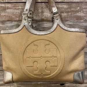 Tory Burch Logo Tote, Heavy Canvas Purse w/ Metallic Trim, Pre-owned